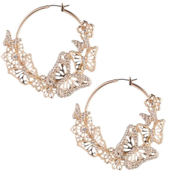 MARCHESA • Gold Butterfly Nature Insect Crystal Encrusted Large Hoop Earrings - Picture 2 of 4